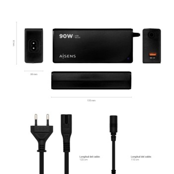 CARGADOR 90W AUTOMATICO UNIVERSAL MULTITENSION  PARA PORTATIL CON 12 CONECTORES+ USB-A QC.3.0