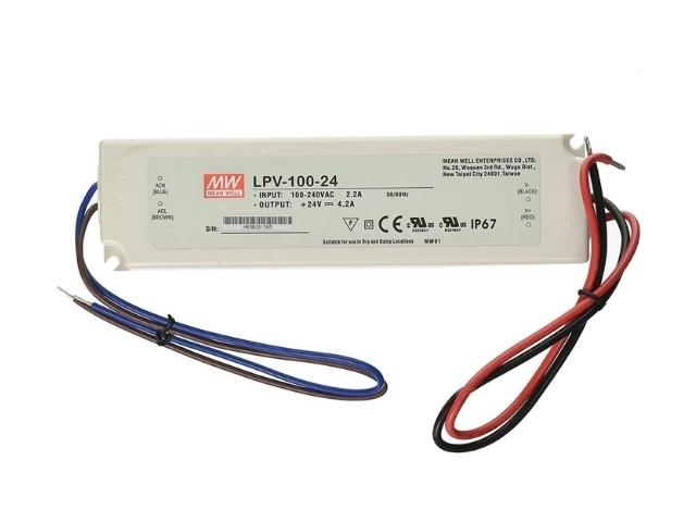 FUENTE ALIMENTACION LED 100 - 240V AC 1 SAL. CAJA ESTANCA 24V DC 4 AMP. 100 WAT, MEAN WELL IP67